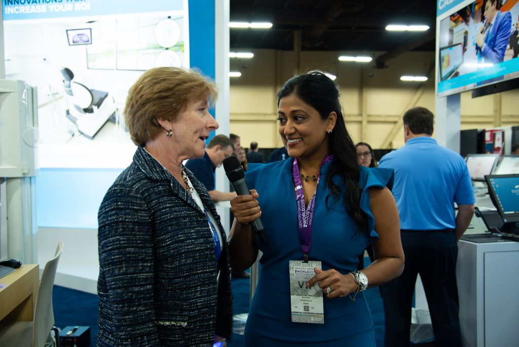 Dr. Mona Patel interviewing Mary Horvath at Dentsply Sirona World 2019.